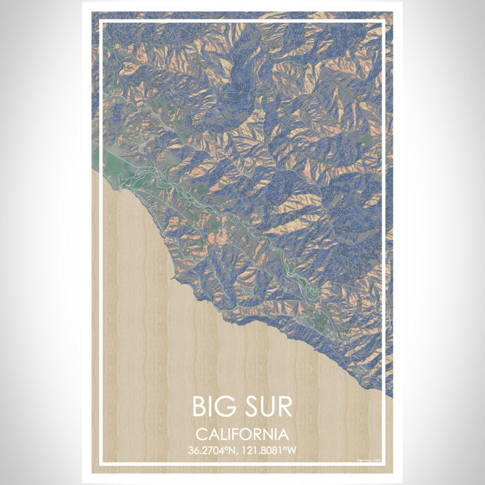 Big Sur California Map Print Portrait Orientation in Afternoon Style With Shaded Background