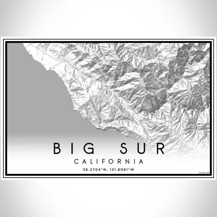 Big Sur California Map Print Landscape Orientation in Classic Style With Shaded Background