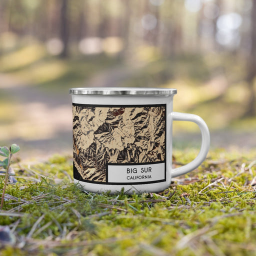 Right View Custom Big Sur California Map Enamel Mug in Ember on Grass With Trees in Background