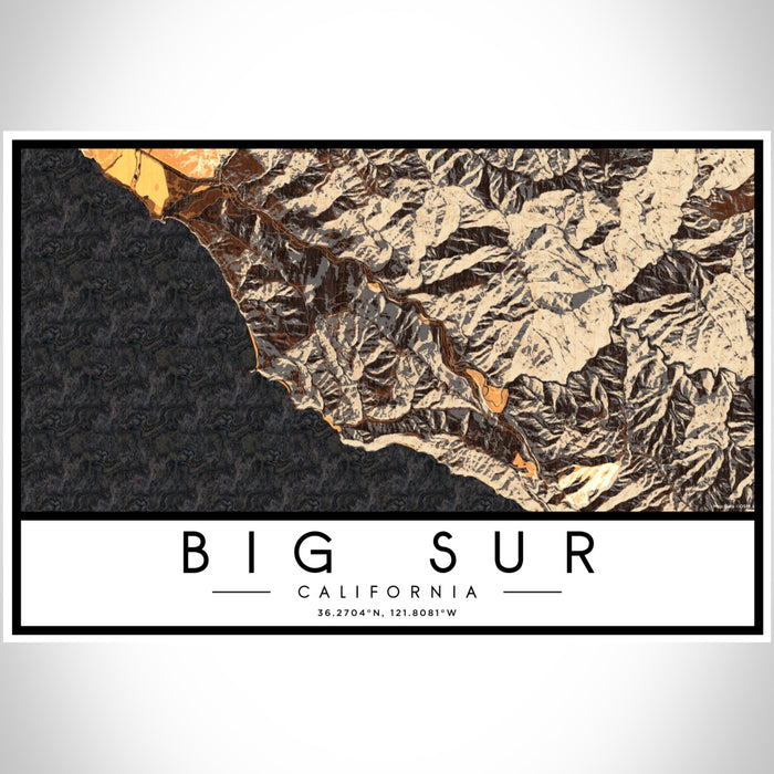 Big Sur California Map Print Landscape Orientation in Ember Style With Shaded Background
