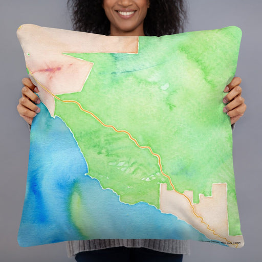 Person holding 22x22 Custom Big Sur California Map Throw Pillow in Watercolor