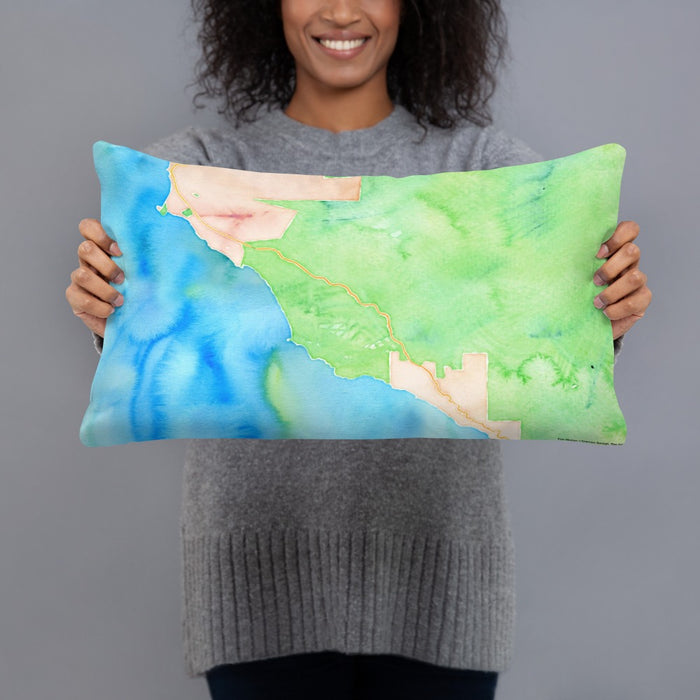Person holding 20x12 Custom Big Sur California Map Throw Pillow in Watercolor