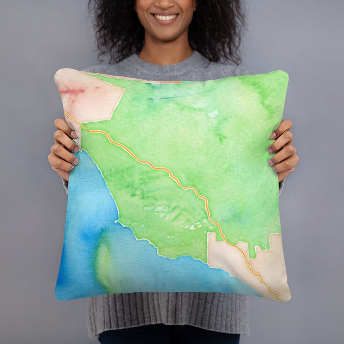 Person holding 18x18 Custom Big Sur California Map Throw Pillow in Watercolor