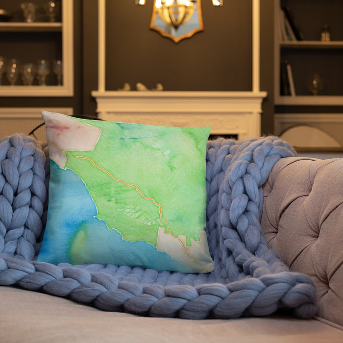 Custom Big Sur California Map Throw Pillow in Watercolor on Cream Colored Couch