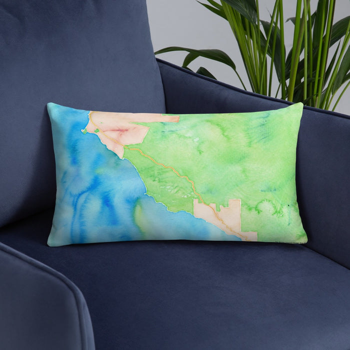 Custom Big Sur California Map Throw Pillow in Watercolor on Blue Colored Chair