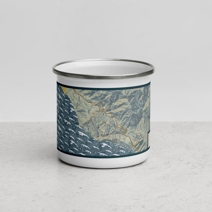 Front View Custom Big Sur California Map Enamel Mug in Woodblock