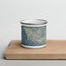 Front View Custom Big Sur California Map Enamel Mug in Woodblock on Cutting Board