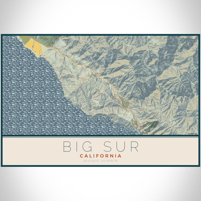 Big Sur California Map Print Landscape Orientation in Woodblock Style With Shaded Background