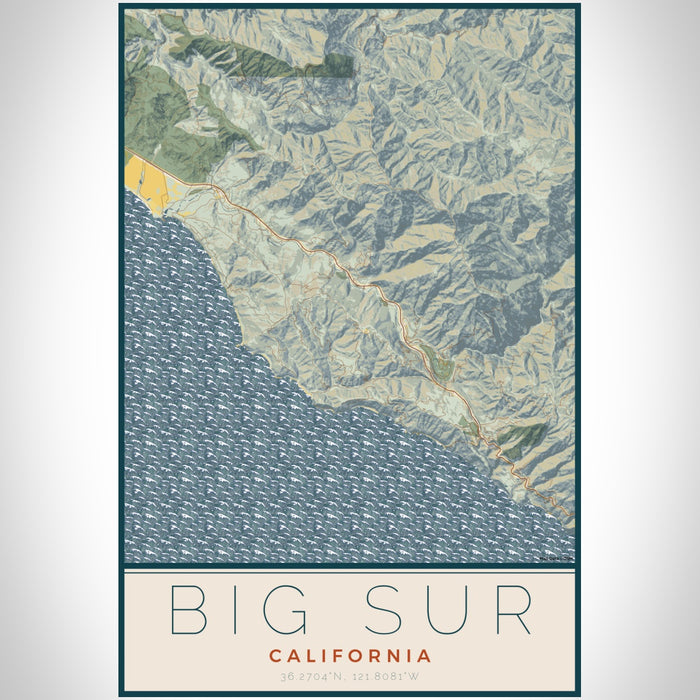 Big Sur California Map Print Portrait Orientation in Woodblock Style With Shaded Background
