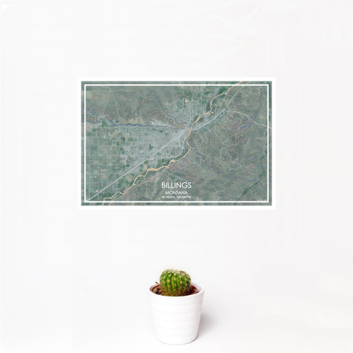 12x18 Billings Montana Map Print Landscape Orientation in Afternoon Style With Small Cactus Plant in White Planter
