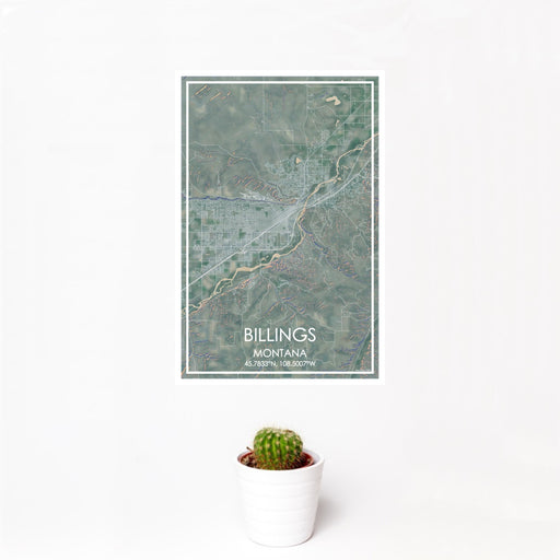 12x18 Billings Montana Map Print Portrait Orientation in Afternoon Style With Small Cactus Plant in White Planter