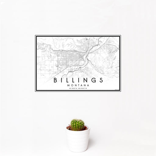 12x18 Billings Montana Map Print Landscape Orientation in Classic Style With Small Cactus Plant in White Planter