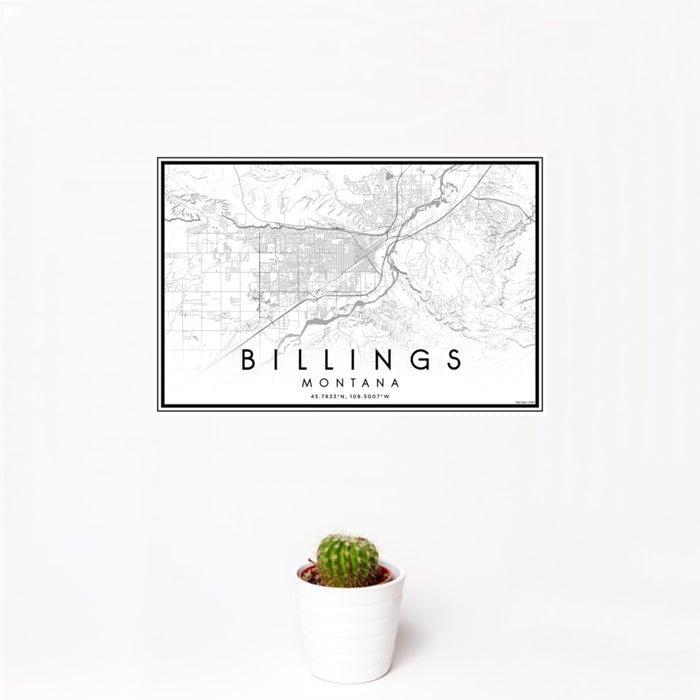 12x18 Billings Montana Map Print Landscape Orientation in Classic Style With Small Cactus Plant in White Planter