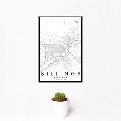 12x18 Billings Montana Map Print Portrait Orientation in Classic Style With Small Cactus Plant in White Planter