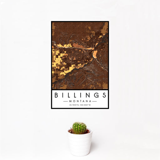 12x18 Billings Montana Map Print Portrait Orientation in Ember Style With Small Cactus Plant in White Planter
