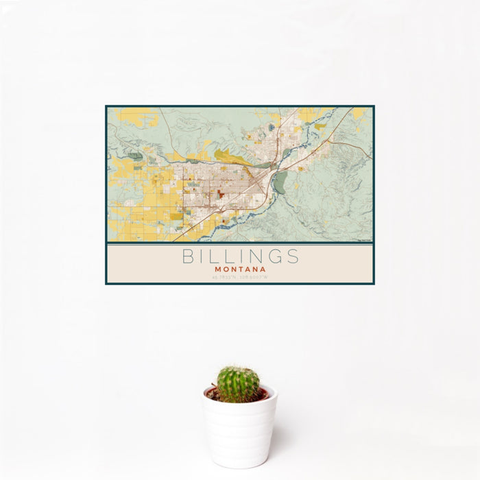 12x18 Billings Montana Map Print Landscape Orientation in Woodblock Style With Small Cactus Plant in White Planter