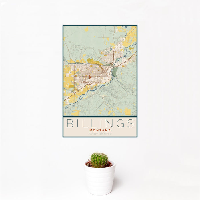 12x18 Billings Montana Map Print Portrait Orientation in Woodblock Style With Small Cactus Plant in White Planter