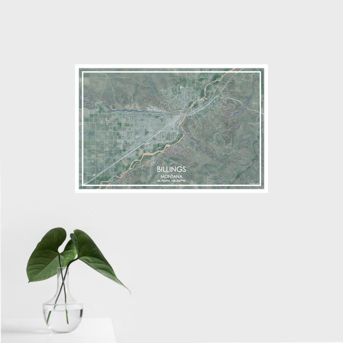 16x24 Billings Montana Map Print Landscape Orientation in Afternoon Style With Tropical Plant Leaves in Water