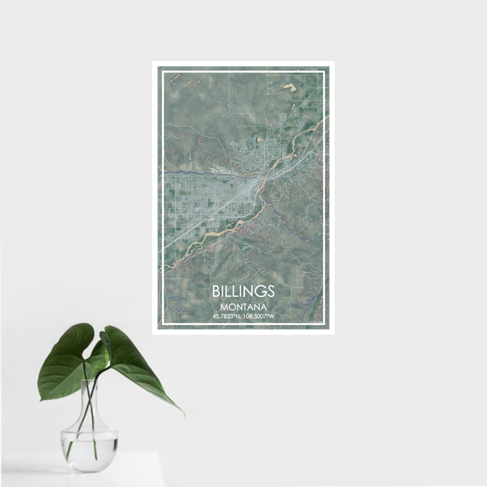 16x24 Billings Montana Map Print Portrait Orientation in Afternoon Style With Tropical Plant Leaves in Water