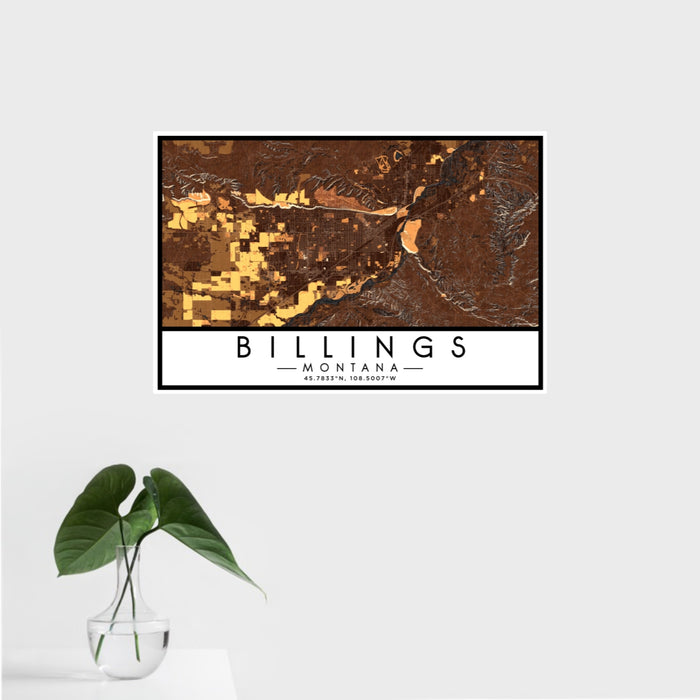 16x24 Billings Montana Map Print Landscape Orientation in Ember Style With Tropical Plant Leaves in Water