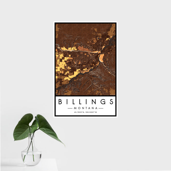 16x24 Billings Montana Map Print Portrait Orientation in Ember Style With Tropical Plant Leaves in Water
