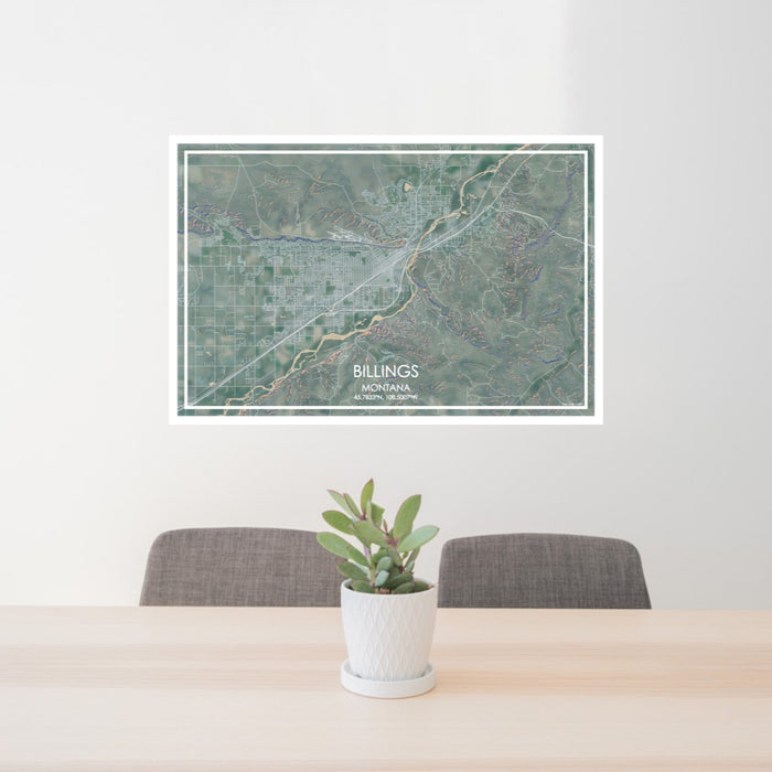24x36 Billings Montana Map Print Lanscape Orientation in Afternoon Style Behind 2 Chairs Table and Potted Plant