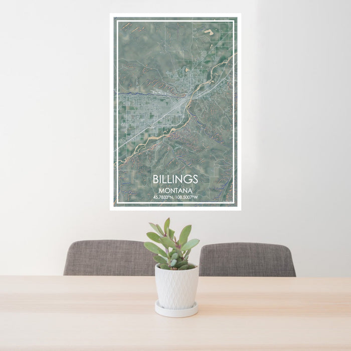 24x36 Billings Montana Map Print Portrait Orientation in Afternoon Style Behind 2 Chairs Table and Potted Plant