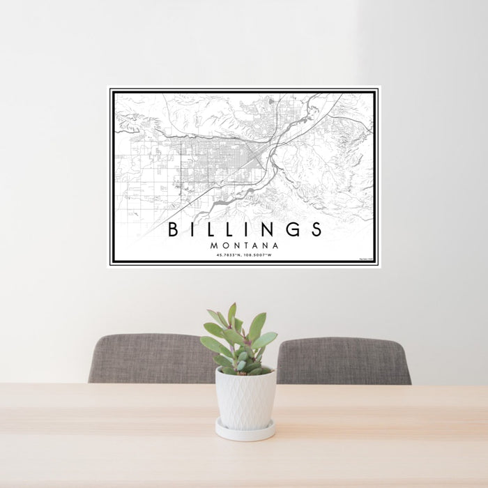 24x36 Billings Montana Map Print Lanscape Orientation in Classic Style Behind 2 Chairs Table and Potted Plant