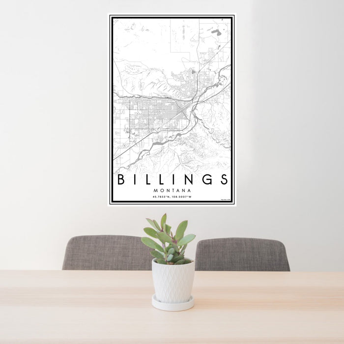 24x36 Billings Montana Map Print Portrait Orientation in Classic Style Behind 2 Chairs Table and Potted Plant