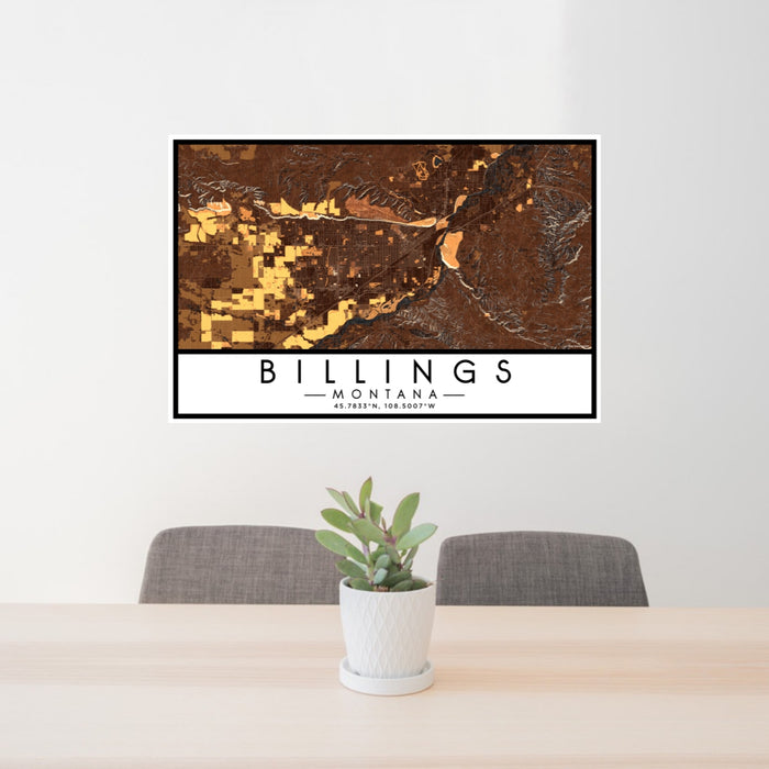 24x36 Billings Montana Map Print Lanscape Orientation in Ember Style Behind 2 Chairs Table and Potted Plant