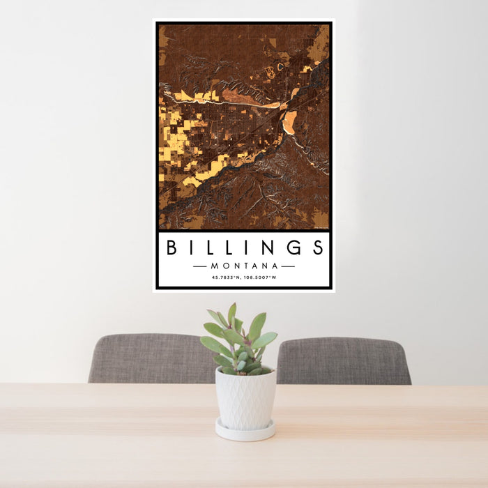 24x36 Billings Montana Map Print Portrait Orientation in Ember Style Behind 2 Chairs Table and Potted Plant