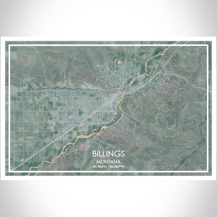 Billings Montana Map Print Landscape Orientation in Afternoon Style With Shaded Background