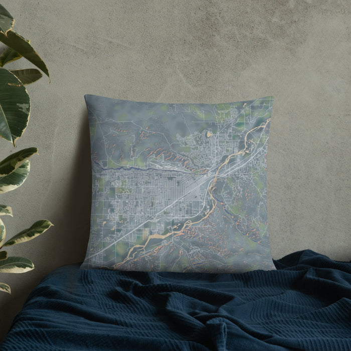 Custom Billings Montana Map Throw Pillow in Afternoon on Bedding Against Wall