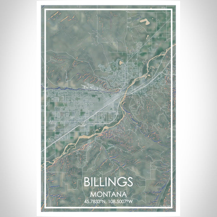 Billings Montana Map Print Portrait Orientation in Afternoon Style With Shaded Background