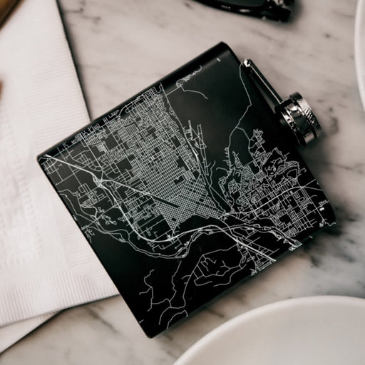 Billings Montana Custom Engraved City Map Inscription Coordinates on 6oz Stainless Steel Flask in Black