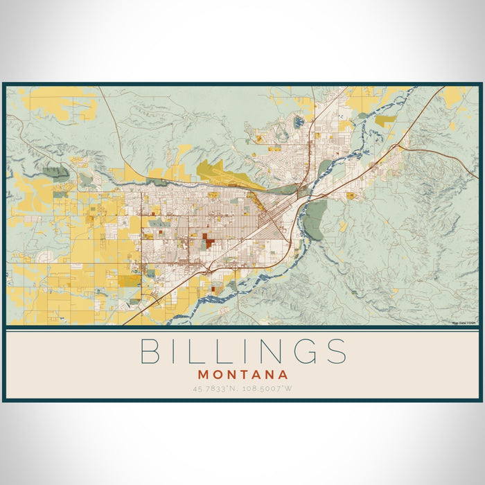 Billings Montana Map Print Landscape Orientation in Woodblock Style With Shaded Background