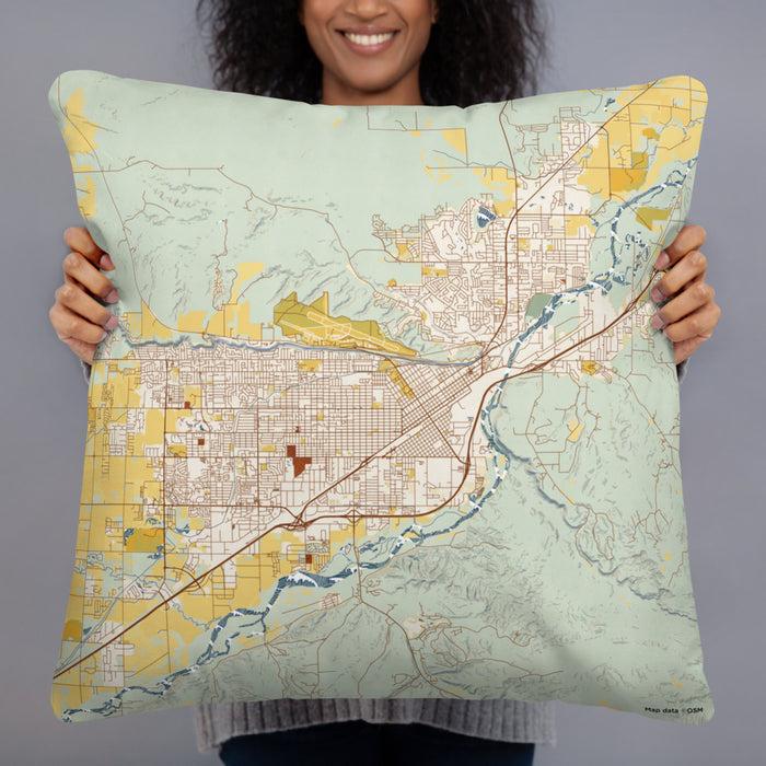 Person holding 22x22 Custom Billings Montana Map Throw Pillow in Woodblock