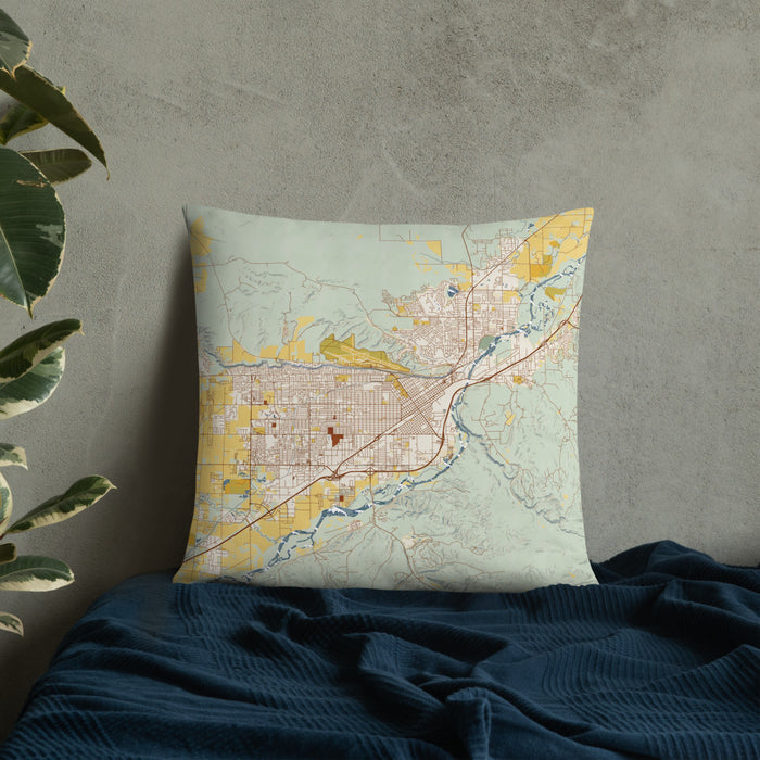 Custom Billings Montana Map Throw Pillow in Woodblock on Bedding Against Wall