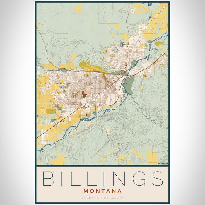 Billings Montana Map Print Portrait Orientation in Woodblock Style With Shaded Background