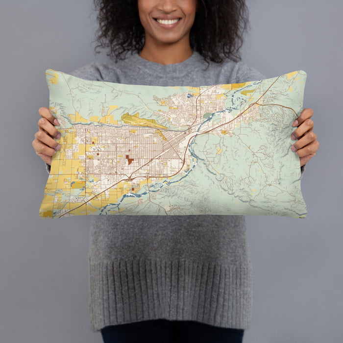 Person holding 20x12 Custom Billings Montana Map Throw Pillow in Woodblock