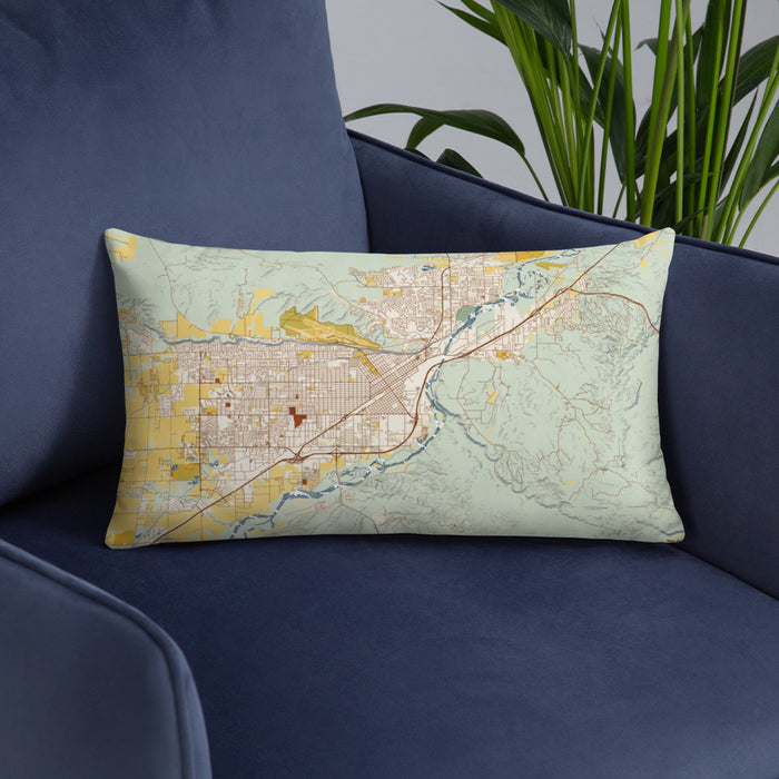 Custom Billings Montana Map Throw Pillow in Woodblock on Blue Colored Chair