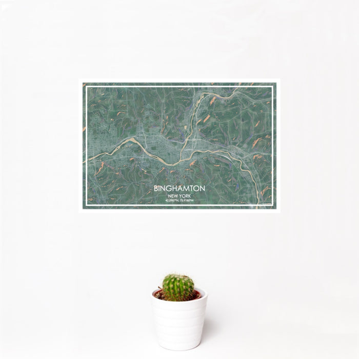 12x18 Binghamton New York Map Print Landscape Orientation in Afternoon Style With Small Cactus Plant in White Planter
