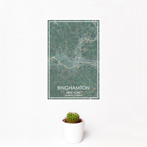 12x18 Binghamton New York Map Print Portrait Orientation in Afternoon Style With Small Cactus Plant in White Planter