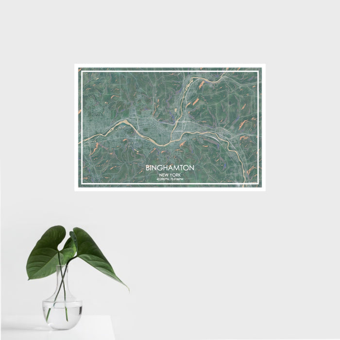 16x24 Binghamton New York Map Print Landscape Orientation in Afternoon Style With Tropical Plant Leaves in Water