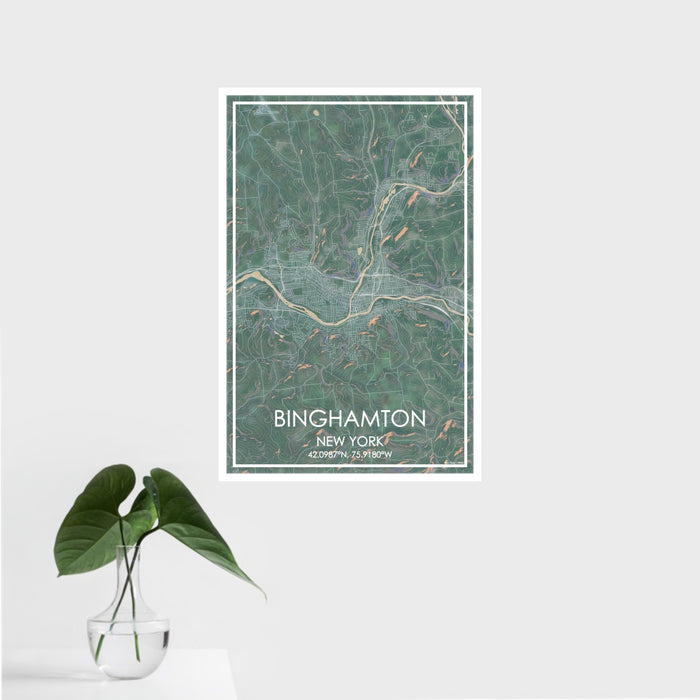 16x24 Binghamton New York Map Print Portrait Orientation in Afternoon Style With Tropical Plant Leaves in Water