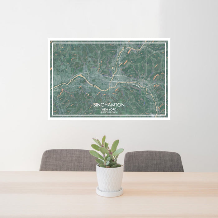 24x36 Binghamton New York Map Print Lanscape Orientation in Afternoon Style Behind 2 Chairs Table and Potted Plant