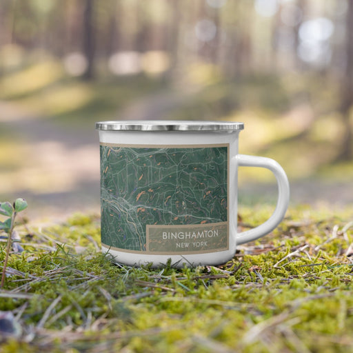 Right View Custom Binghamton New York Map Enamel Mug in Afternoon on Grass With Trees in Background