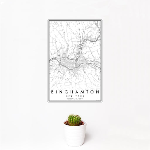 12x18 Binghamton New York Map Print Portrait Orientation in Classic Style With Small Cactus Plant in White Planter
