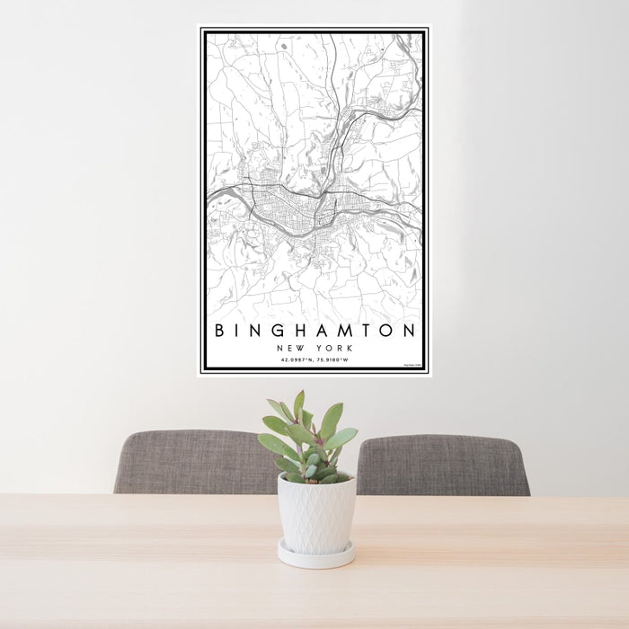 24x36 Binghamton New York Map Print Portrait Orientation in Classic Style Behind 2 Chairs Table and Potted Plant