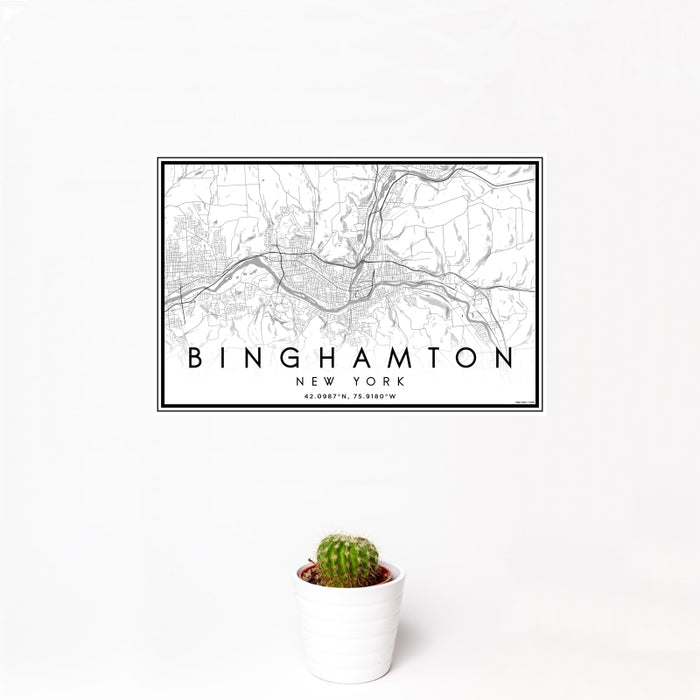 12x18 Binghamton New York Map Print Landscape Orientation in Classic Style With Small Cactus Plant in White Planter